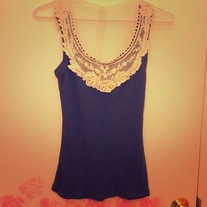 Blue tank top with white lace