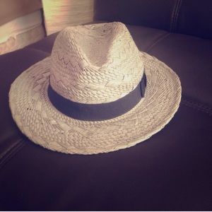 Gray Straw Hat with Black Ribbon Medium Brim