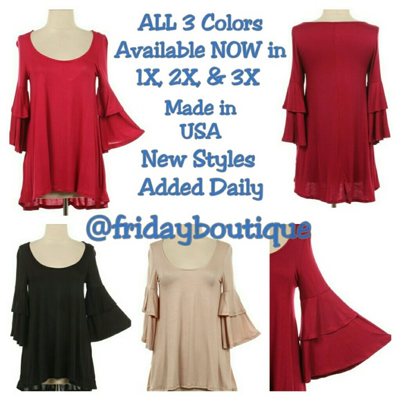 Double Ruffle Sleeve Top in 3 Colors 1X, 2X, & 3X