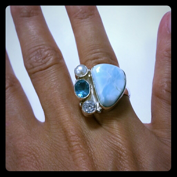New Silver 925 blue Larimar Ring w/ pearl earings