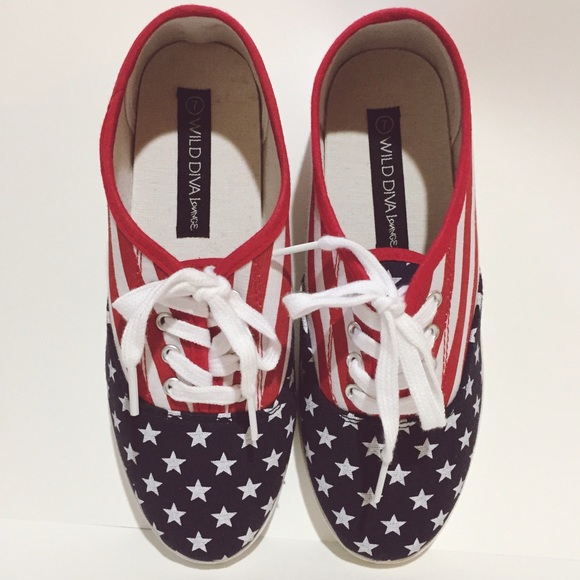 Wild Diva Shoes - American Flag Print Canvas Sneakers