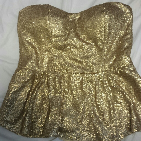 Gold Sequined Strapless Peplum Top