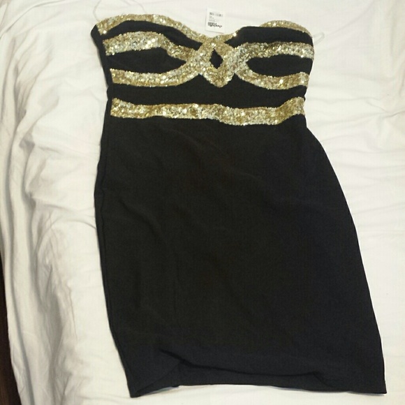 Black with Gold Sequins Strapless Dress