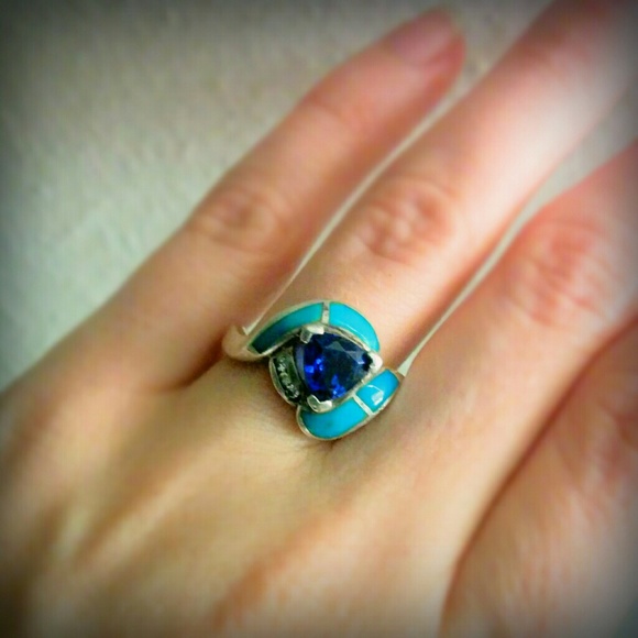 Sterling silver iolite & turquoise & diamond ring