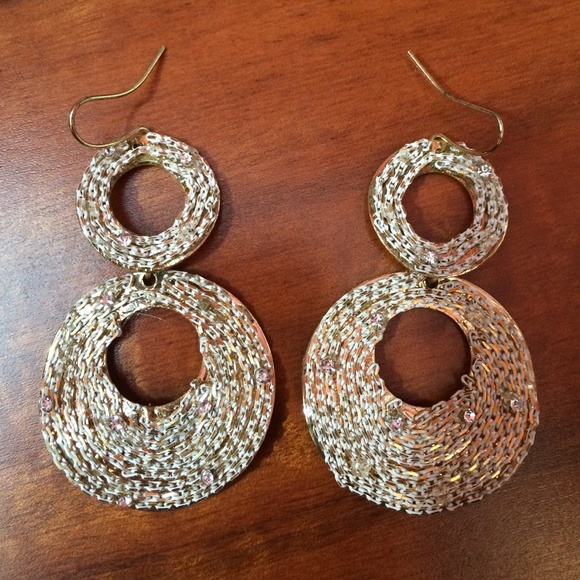 Gold and White Dangle Earrings - Picture 2 of 3