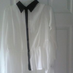 White asymmetrical button down with leather trim