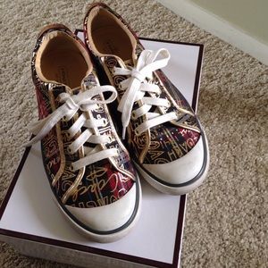 Gold and plaid coach sneakers