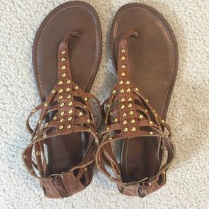 tan gladiator sandals with gold studs