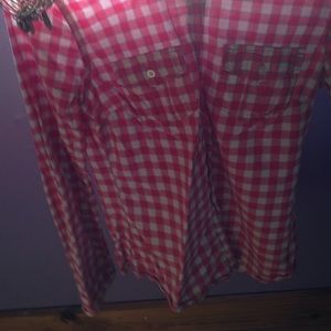 Pink and white plaid shirt.