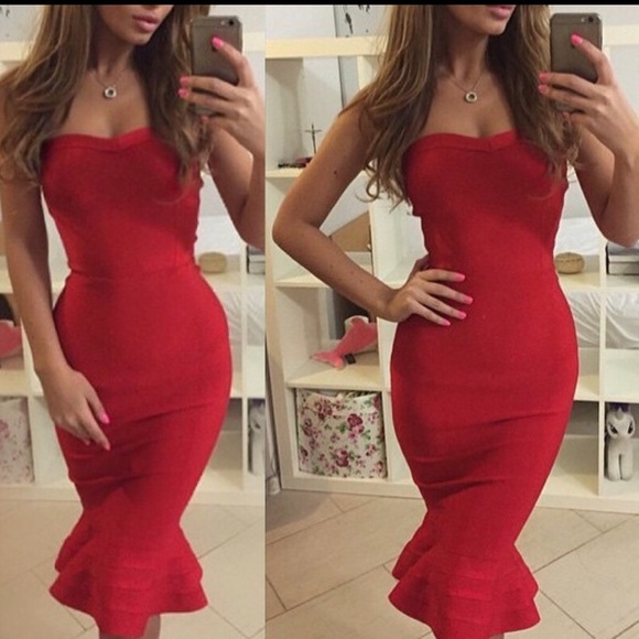 Strapless bandage fluted hem dress size small