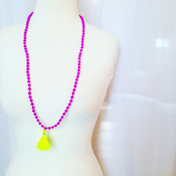 Purple and lime green tassel necklace