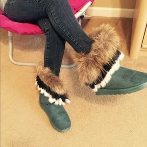 Jade colored boots with Native American faux fur.