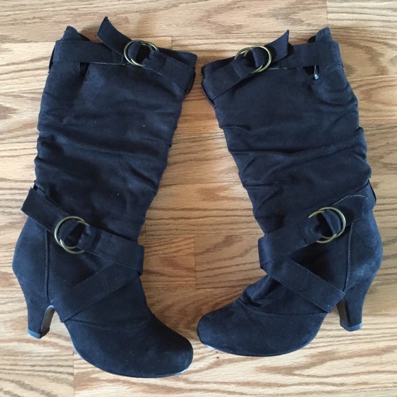 Black suede mid-calf boots