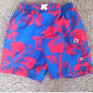 Boys Red & Blue Hawaiian Print Swim Trunks