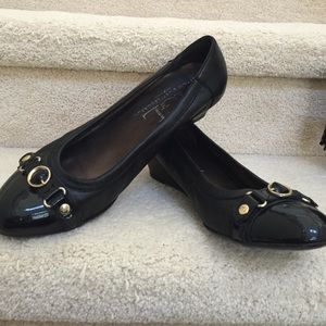 Low wedge black shoe gold accents