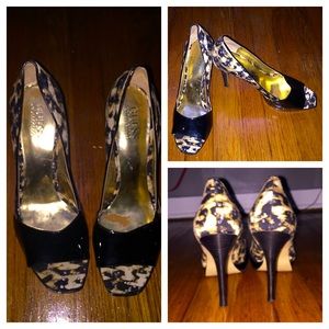 Patent leather and cheetah print peep toe heels