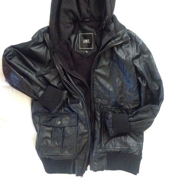 Obey layered leather jacket with hoodie