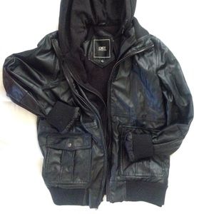 Obey layered leather jacket with hoodie