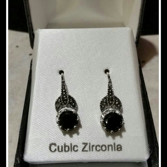 Black Cubic Zirconia Marcasite Drop Earrings NEW