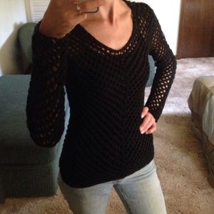 Black Small Crochet Long Sleeve Vneck Sweater