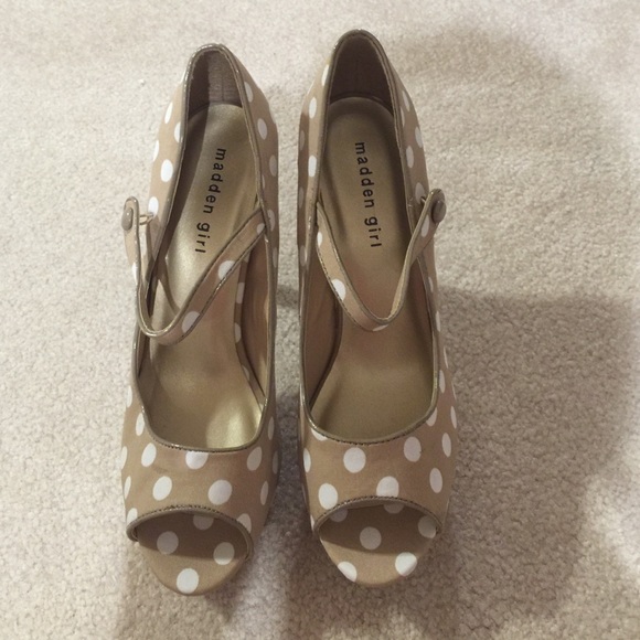 Madden Girl Shoes - Tan and white platform heels.