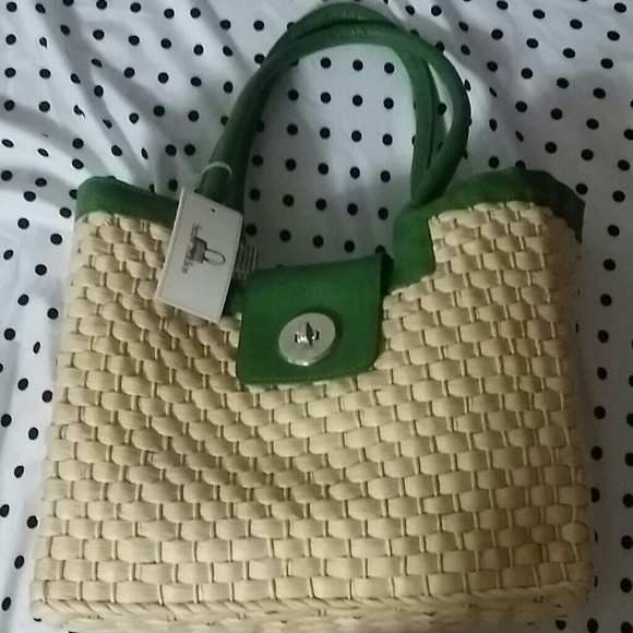 Straw canvae green strap handbag