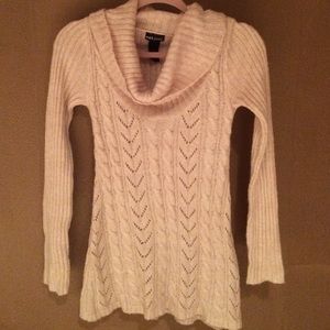 Cream sweater dress cowl neck long slv cable knit