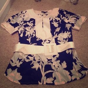 Black and white floral satin top with belt