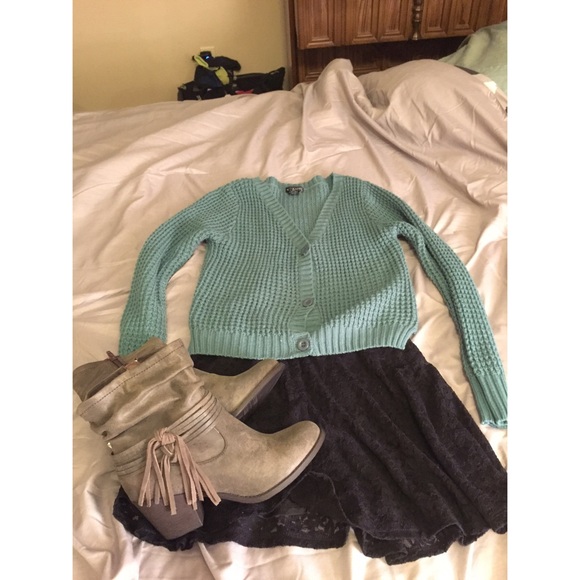 Teal button down cardigan.
