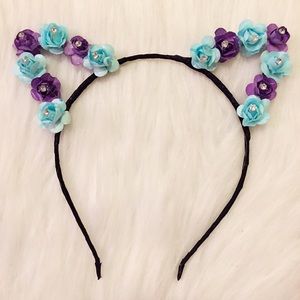 Blue & purple flower cat ears kitty headband