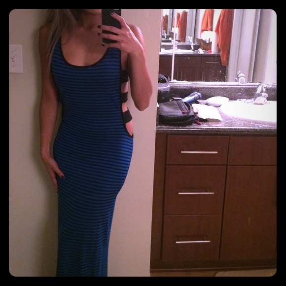 Blue & Black Stripe Maxi Dress w/ Side Cutouts