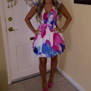 Pink white and blue side cutout dress