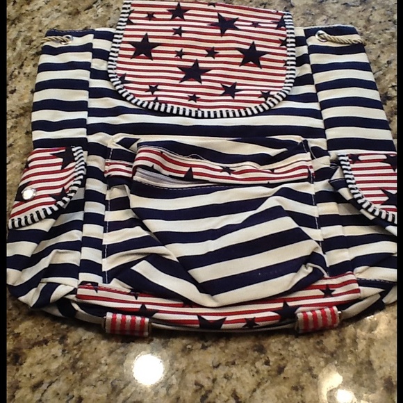 Navy Blue, White and Red striped Backpack