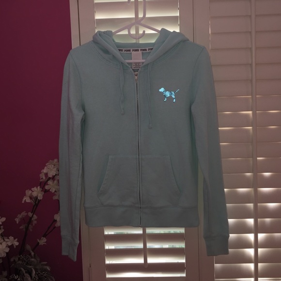 PINK Victoria's Secret Other - VS Pink Light Blue Zip Hoodie With Rhinestones