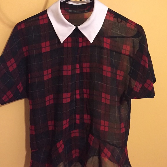 Zara white collar chiffon plaid shirt