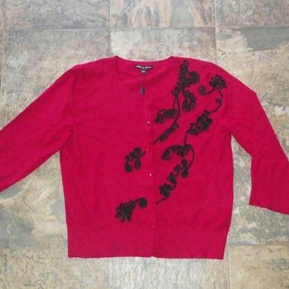 Beautiful Red Cardigan Sweater LG Cable & Guage