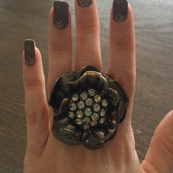 Bebe flower rhinestone ring