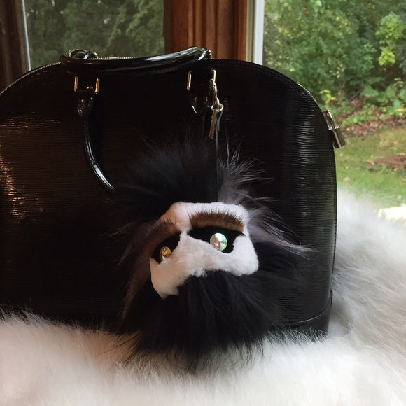 Fur monster keychain with rhinestone eyes - black