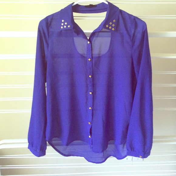 Sheer Button Up Studded Blouse with Open Back - Picture 1 of 3