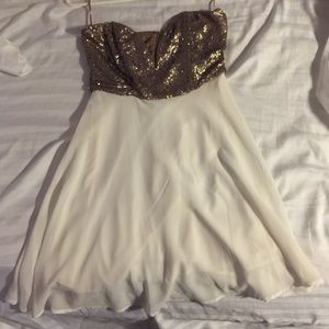 White and gold strapless sequin dress