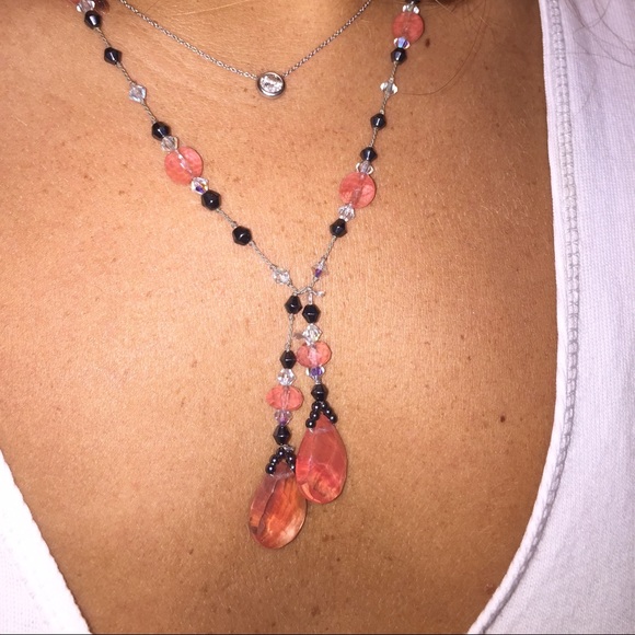 Pink/charcoal stone lariat necklace