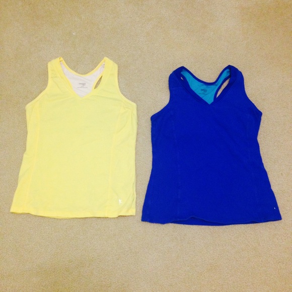 Blue and yellow racer back tank tops