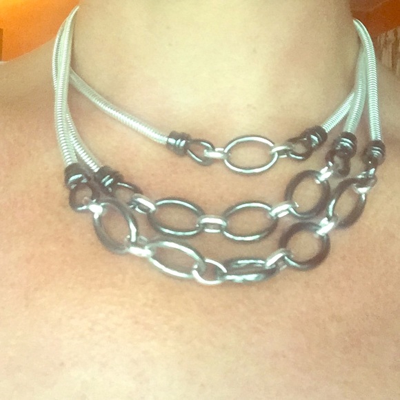 Three Strand Silver and Pewter look Necklace