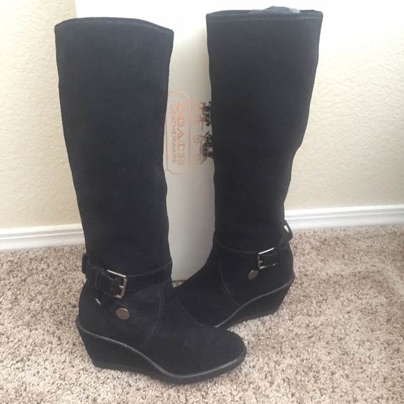 Coach Black Knee High Candid Kid Suede Wedge Boots