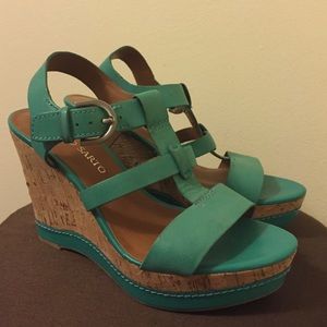 Turquoise buckled/strappy wedge sandals