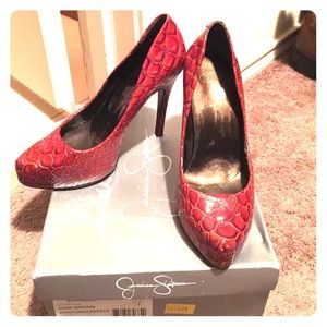 Jessica Simpson Dark Brown Anakonda Patent Heels