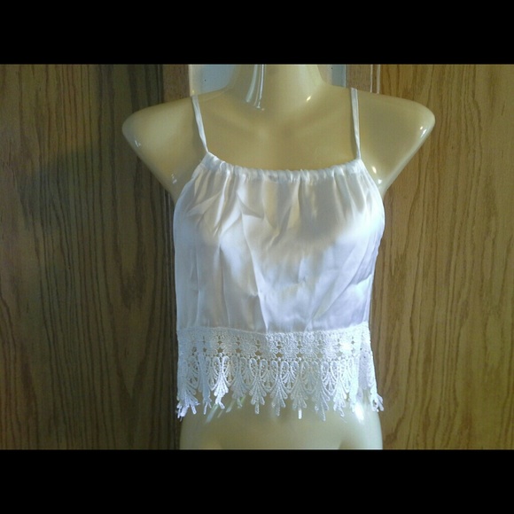 White silky crop top with lace