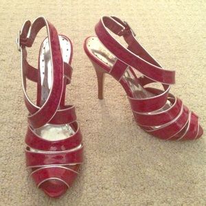 BCBGirls Red Snake Cage Stiletto Sandals