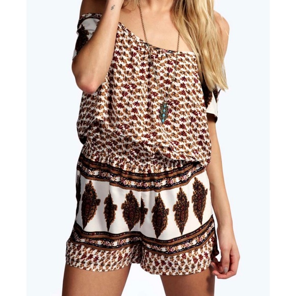 Pants - Off The Shoulder Tribal Romper