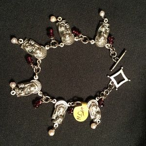 SS, Garnet & Pearl Blessed Mother Dangle Bracelet